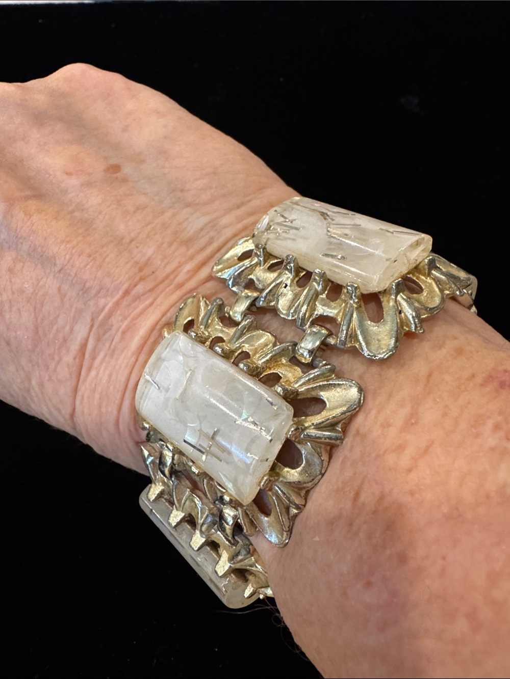 Mid-Century Gold-Tone Bracelet with 6 Confetti White Thermoset Lucite Panels
